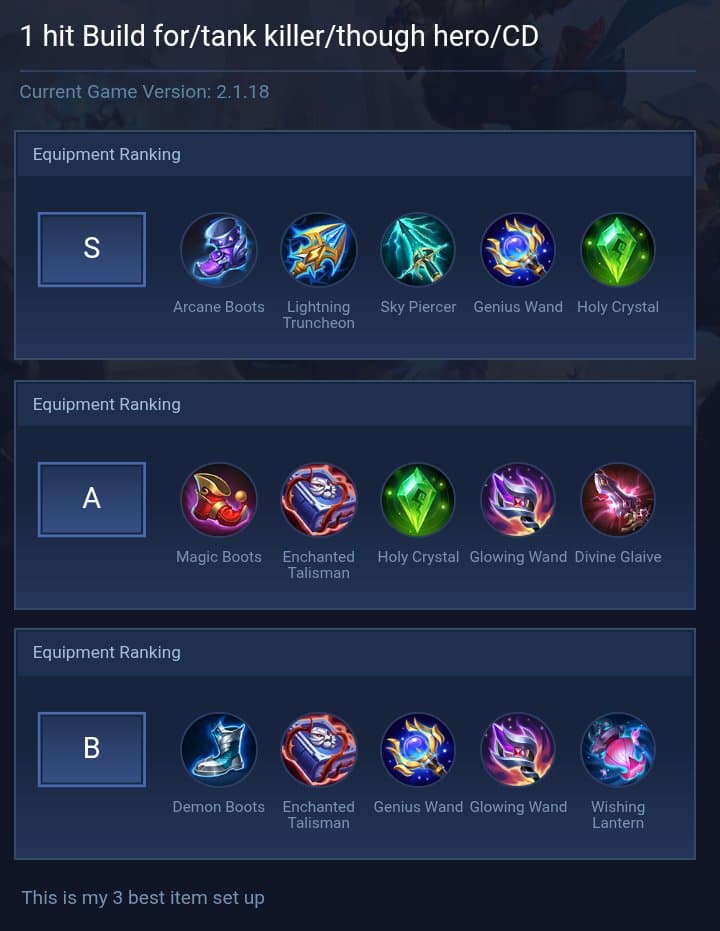 1 hit Build for/tank killer/though hero/CD