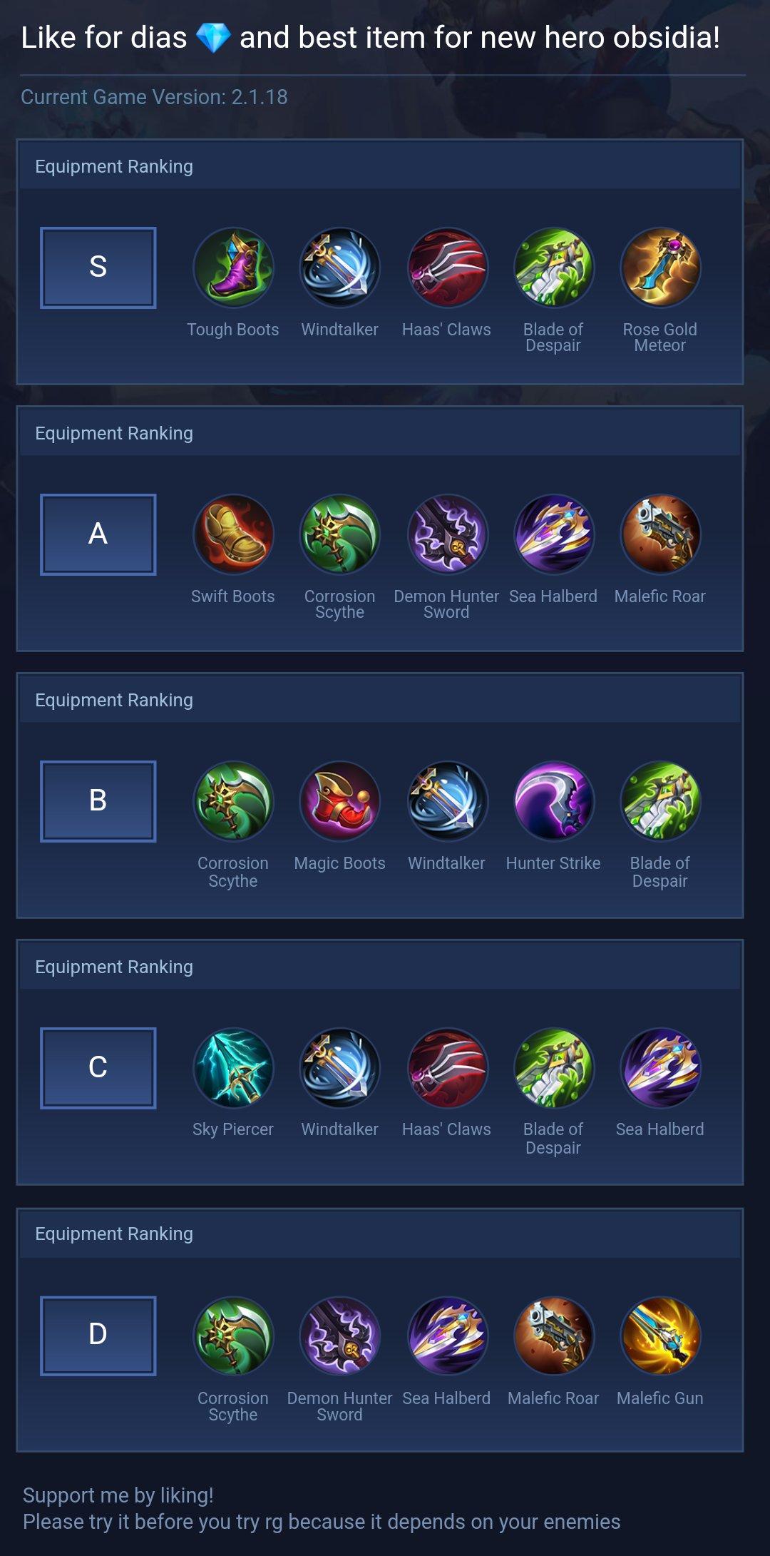 Like for dias 💎 and best item for new hero obsidia!