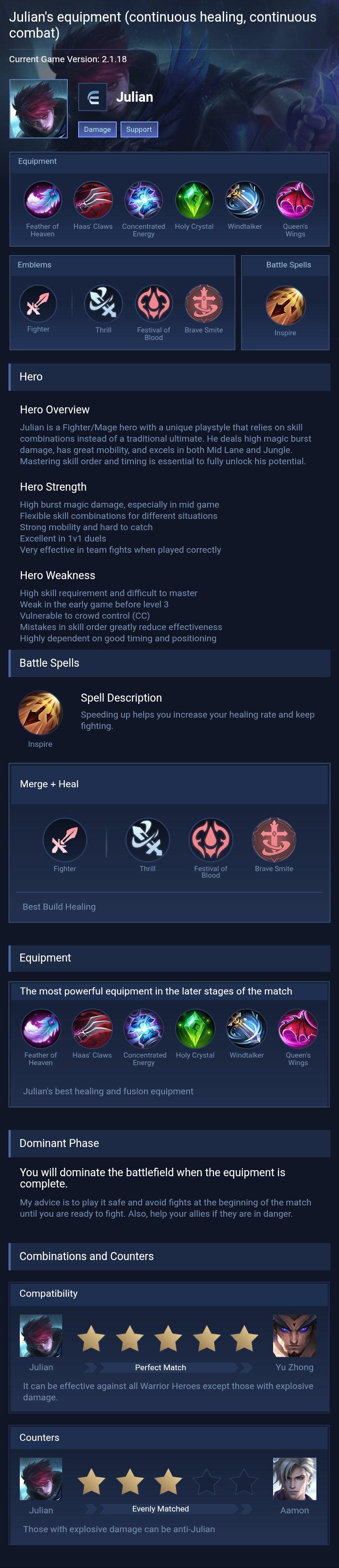 Julian's equipment (continuous healing, continuous combat)