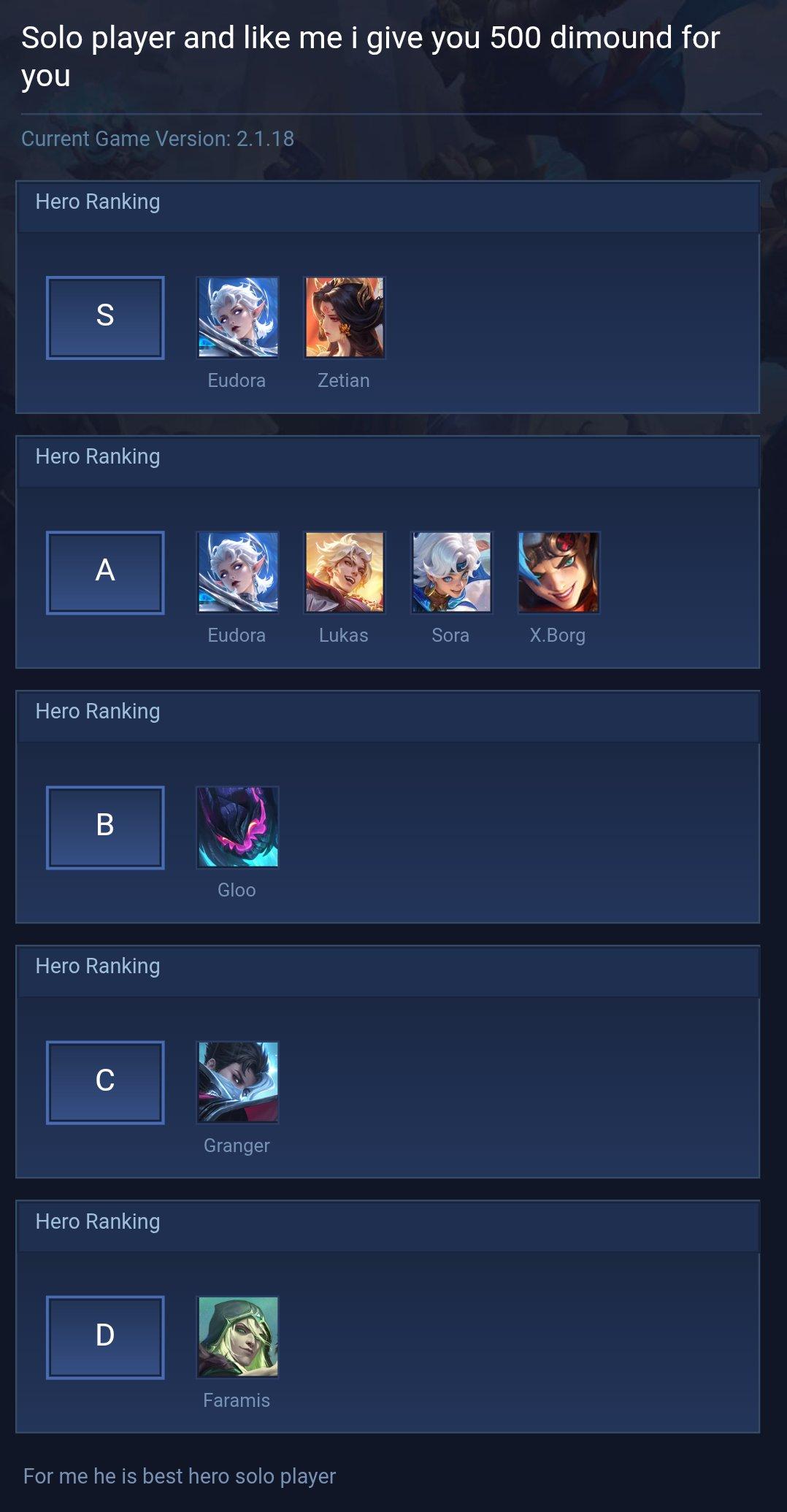 Solo player and like me i give you  500 dimound for you