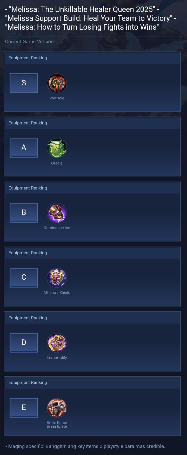 - "Melissa: The Unkillable Healer Queen 2025"  - "Melissa Support Build: Heal Your Team to Victory"  - "Melissa: How to Turn Losing Fights into Wins"