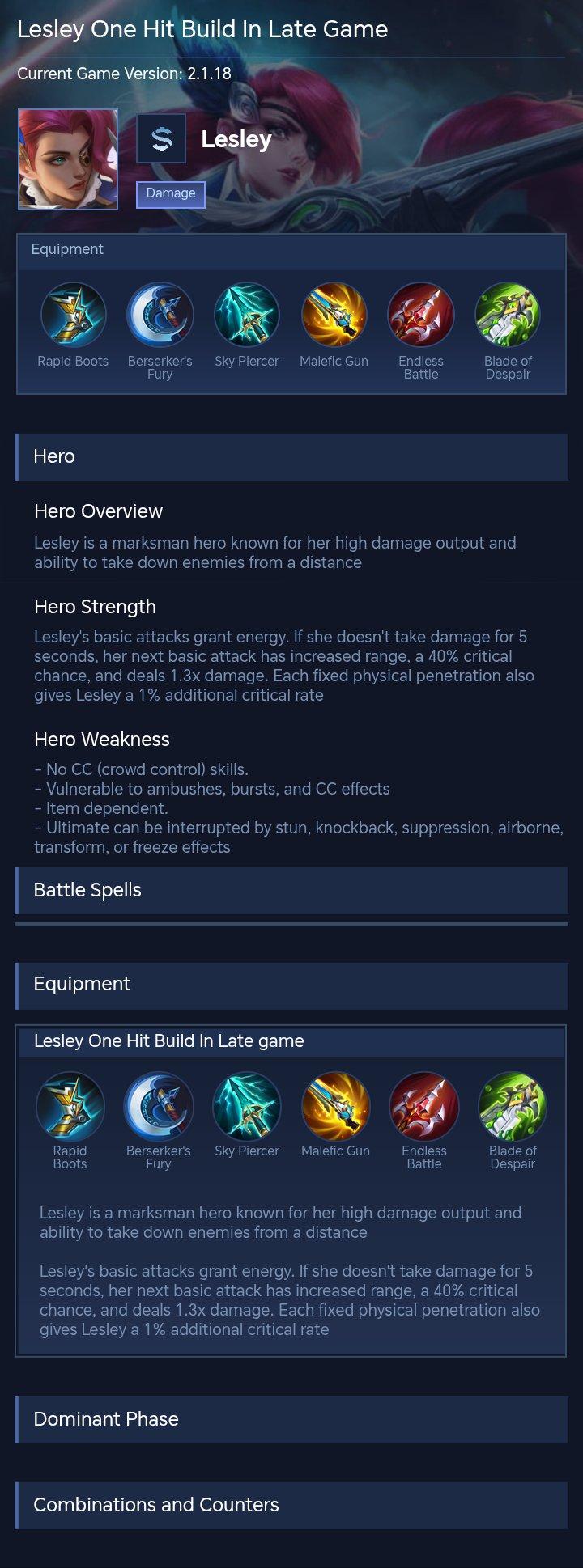 Lesley One Hit Build In Late Game